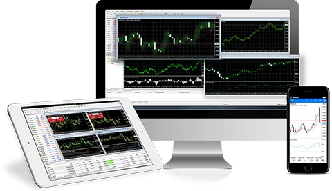 Multiple computer monitors displaying real-time cryptocurrency technical analysis, candlesticks, and market charts.